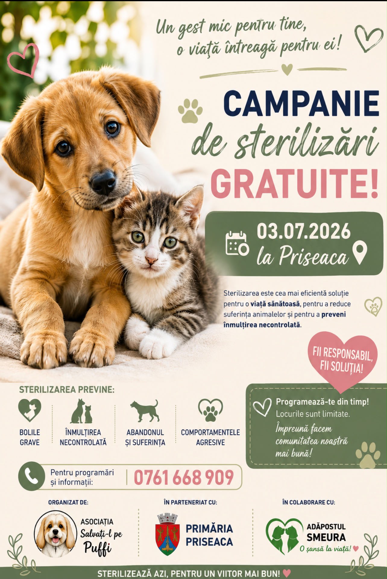 Afiș Campanie Sterilizări Gratuite Priseaca 3 Iulie 2026